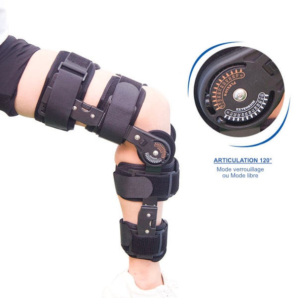 Figure 1 : Attelle articulée du genou et son kit d’ajustement articulaire qui permet de verrouiller l’attelle dans une position correspondant à un angle précis allant de 0 à 120°.